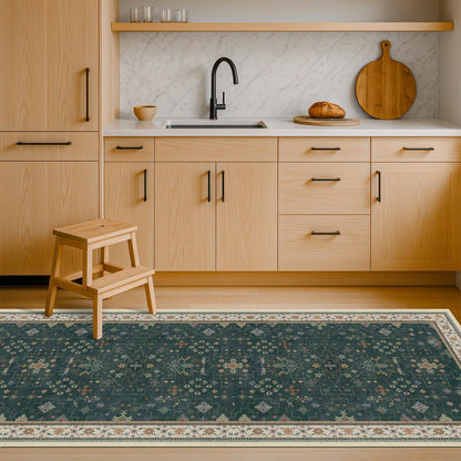 Green Area Rugs 9x12 Living Room - Washable Oriental Geometric, Extra Large for Bedroom Non Slip Soft Faux Wool Carpet for Dining Room Playroom, Lounge - Blue and Green Floral Rug