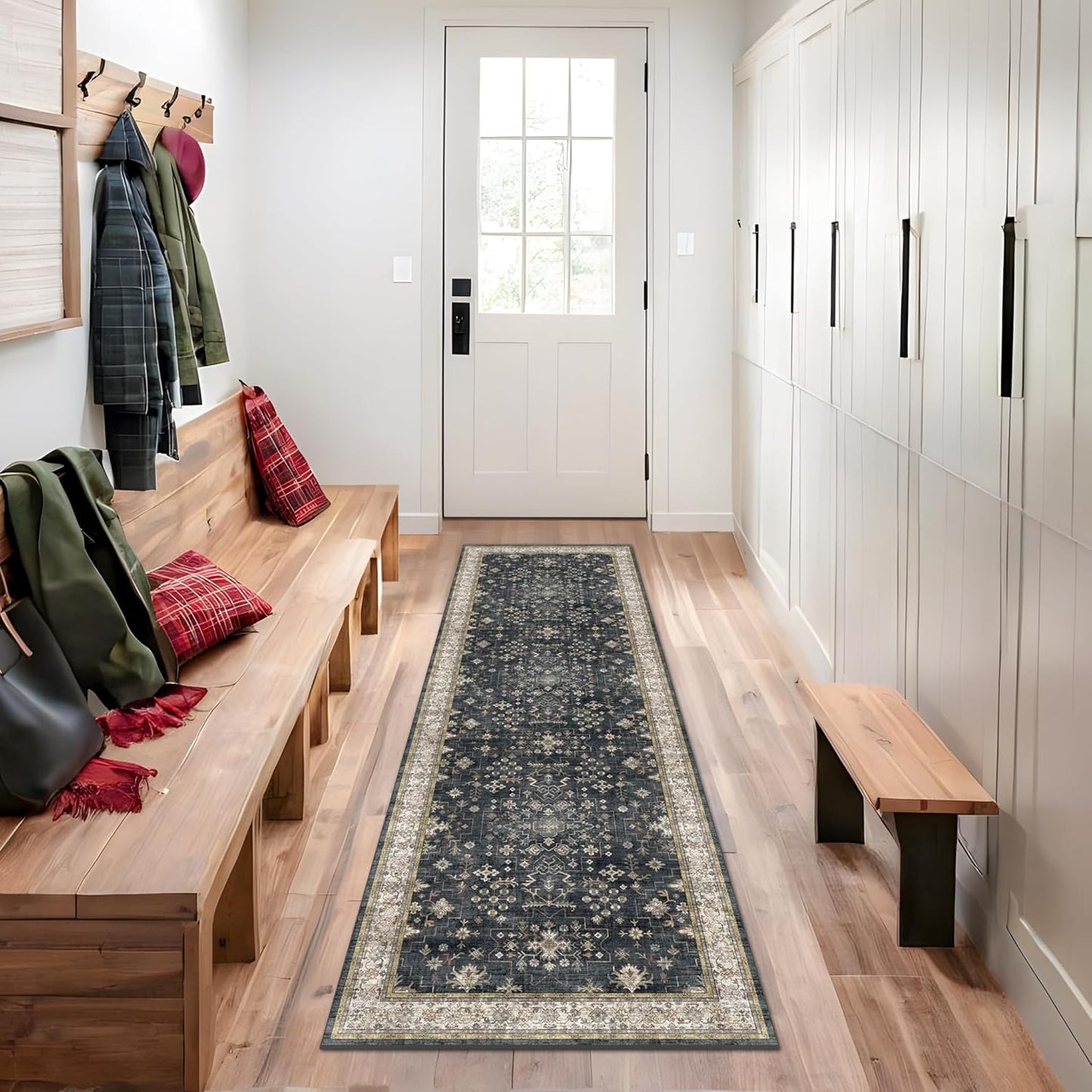 Green Area Rugs 9x12 Living Room - Washable Oriental Geometric, Extra Large for Bedroom Non Slip Soft Faux Wool Carpet for Dining Room Playroom, Lounge - Blue and Green Floral Rug