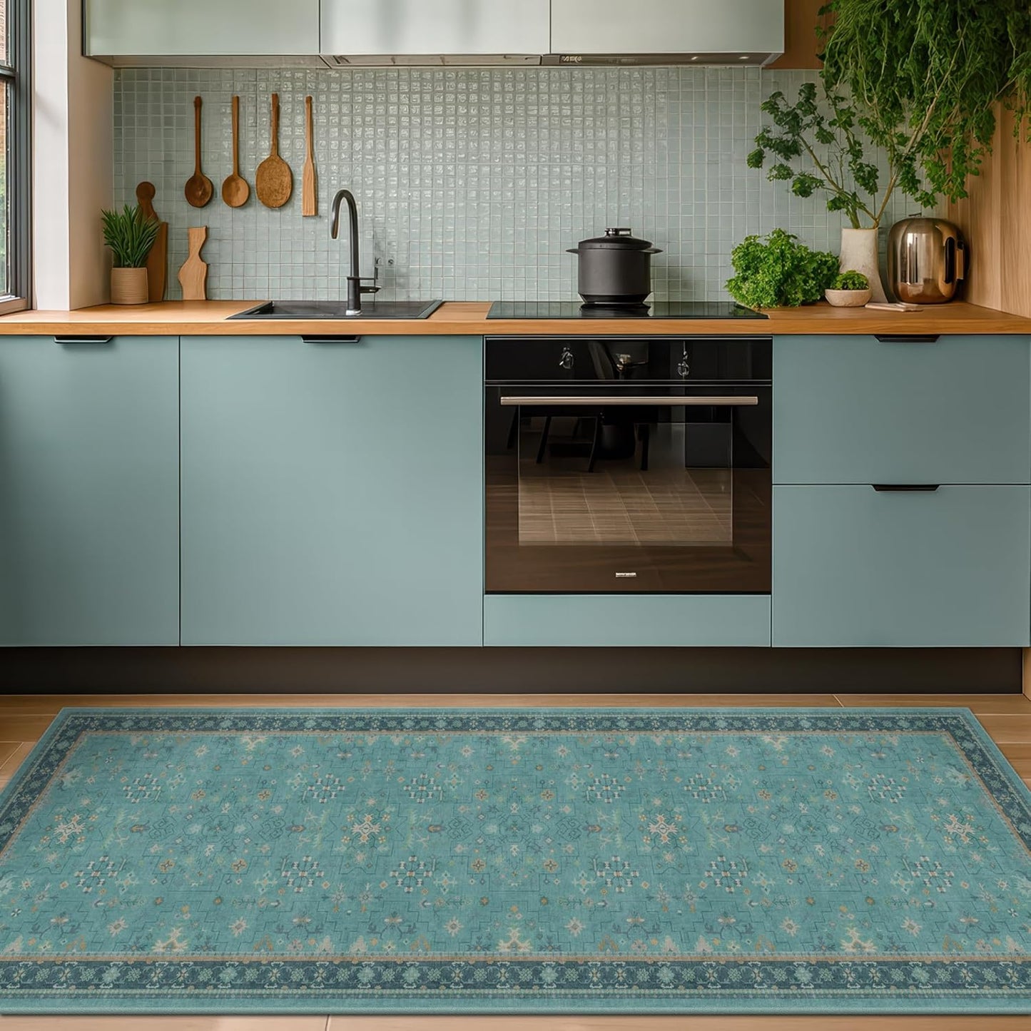 Green Area Rugs 9x12 Living Room - Washable Oriental Geometric, Extra Large for Bedroom Non Slip Soft Faux Wool Carpet for Dining Room Playroom, Lounge - Blue and Green Floral Rug