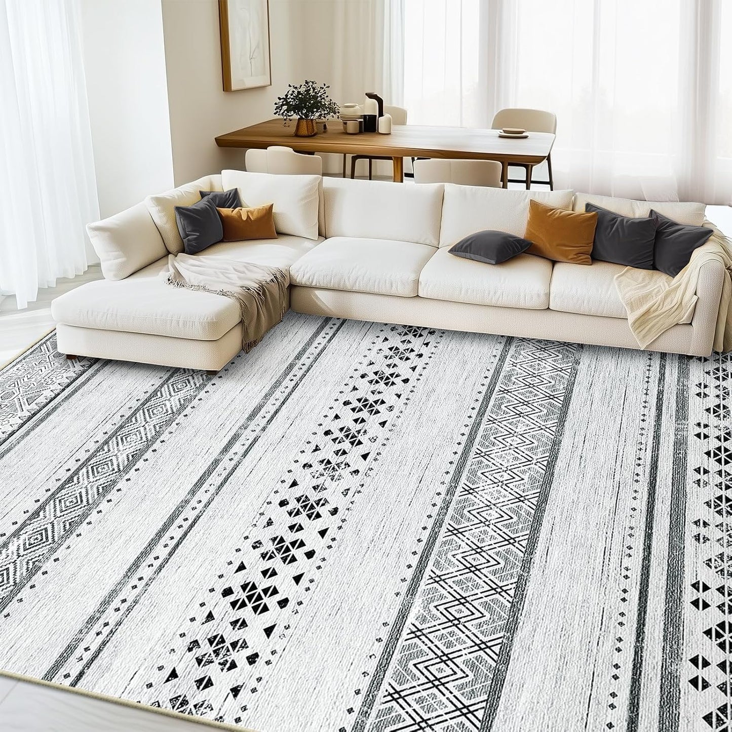 BESTSWEETIE 8x10 Area Rugs for Living Room Washable Moroccan Farmhouse Neutral Geometric Low Pile Non-Slip Soft Print Pattern Rug for Bedroom Kitchen Dining Room Entryway Black/Brown