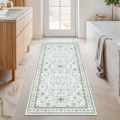 Green Area Rugs 9x12 Living Room - Washable Oriental Geometric, Extra Large for Bedroom Non Slip Soft Faux Wool Carpet for Dining Room Playroom, Lounge - Blue and Green Floral Rug
