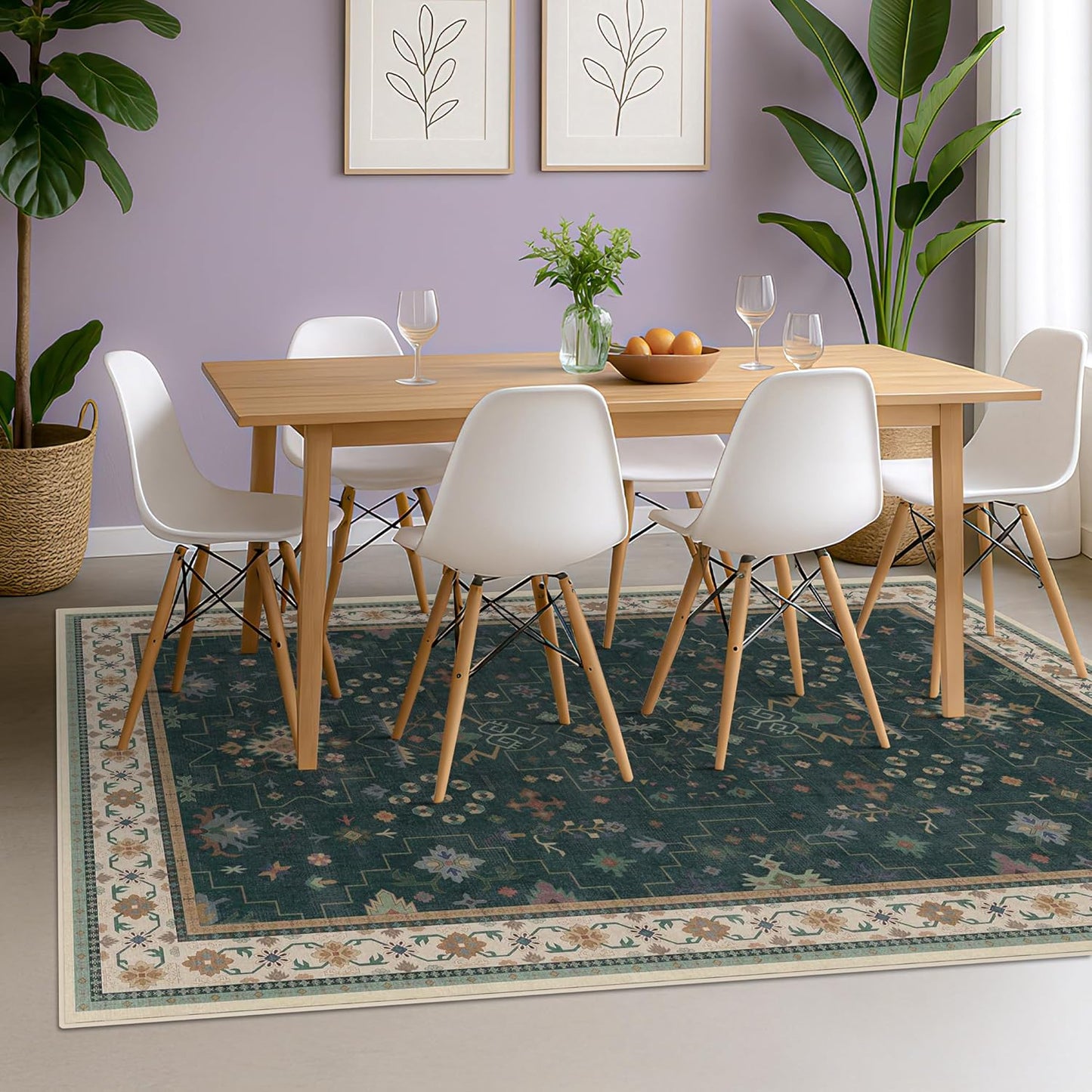 Green Area Rugs 9x12 Living Room - Washable Oriental Geometric, Extra Large for Bedroom Non Slip Soft Faux Wool Carpet for Dining Room Playroom, Lounge - Blue and Green Floral Rug