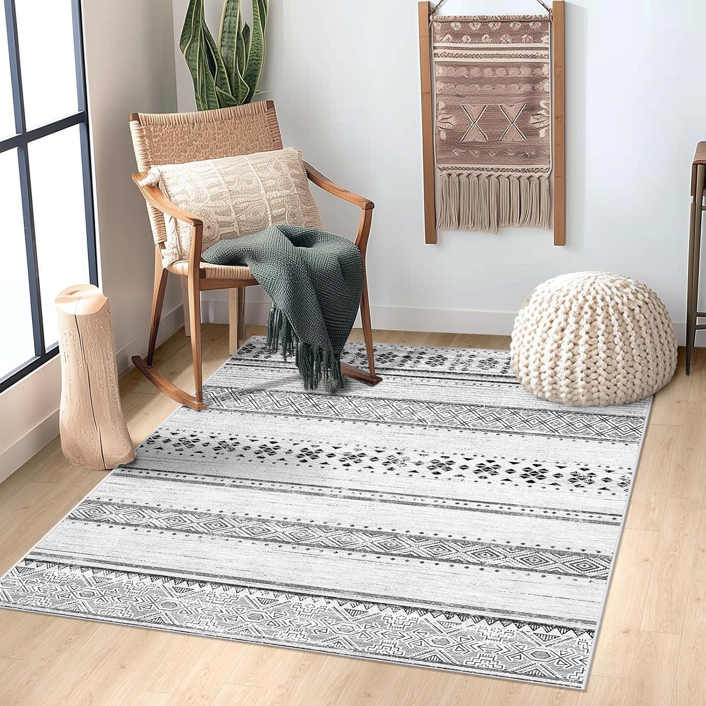BESTSWEETIE 8x10 Area Rugs for Living Room Washable Moroccan Farmhouse Neutral Geometric Low Pile Non-Slip Soft Print Pattern Rug for Bedroom Kitchen Dining Room Entryway Black/Brown