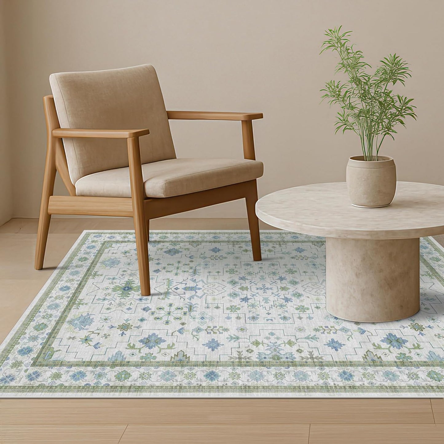 Green Area Rugs 9x12 Living Room - Washable Oriental Geometric, Extra Large for Bedroom Non Slip Soft Faux Wool Carpet for Dining Room Playroom, Lounge - Blue and Green Floral Rug