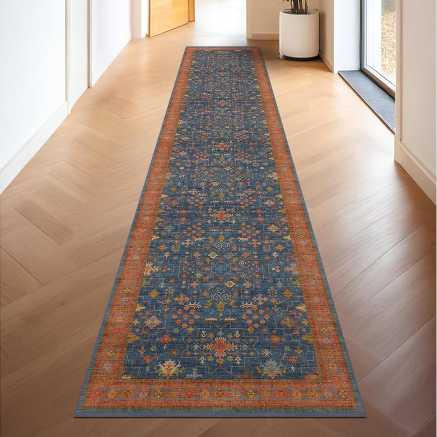 Green Area Rugs 9x12 Living Room - Washable Oriental Geometric, Extra Large for Bedroom Non Slip Soft Faux Wool Carpet for Dining Room Playroom, Lounge - Blue and Green Floral Rug