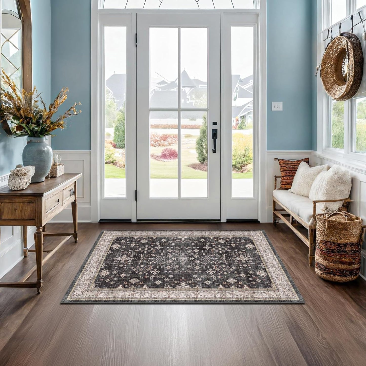 Green Area Rugs 9x12 Living Room - Washable Oriental Geometric, Extra Large for Bedroom Non Slip Soft Faux Wool Carpet for Dining Room Playroom, Lounge - Blue and Green Floral Rug