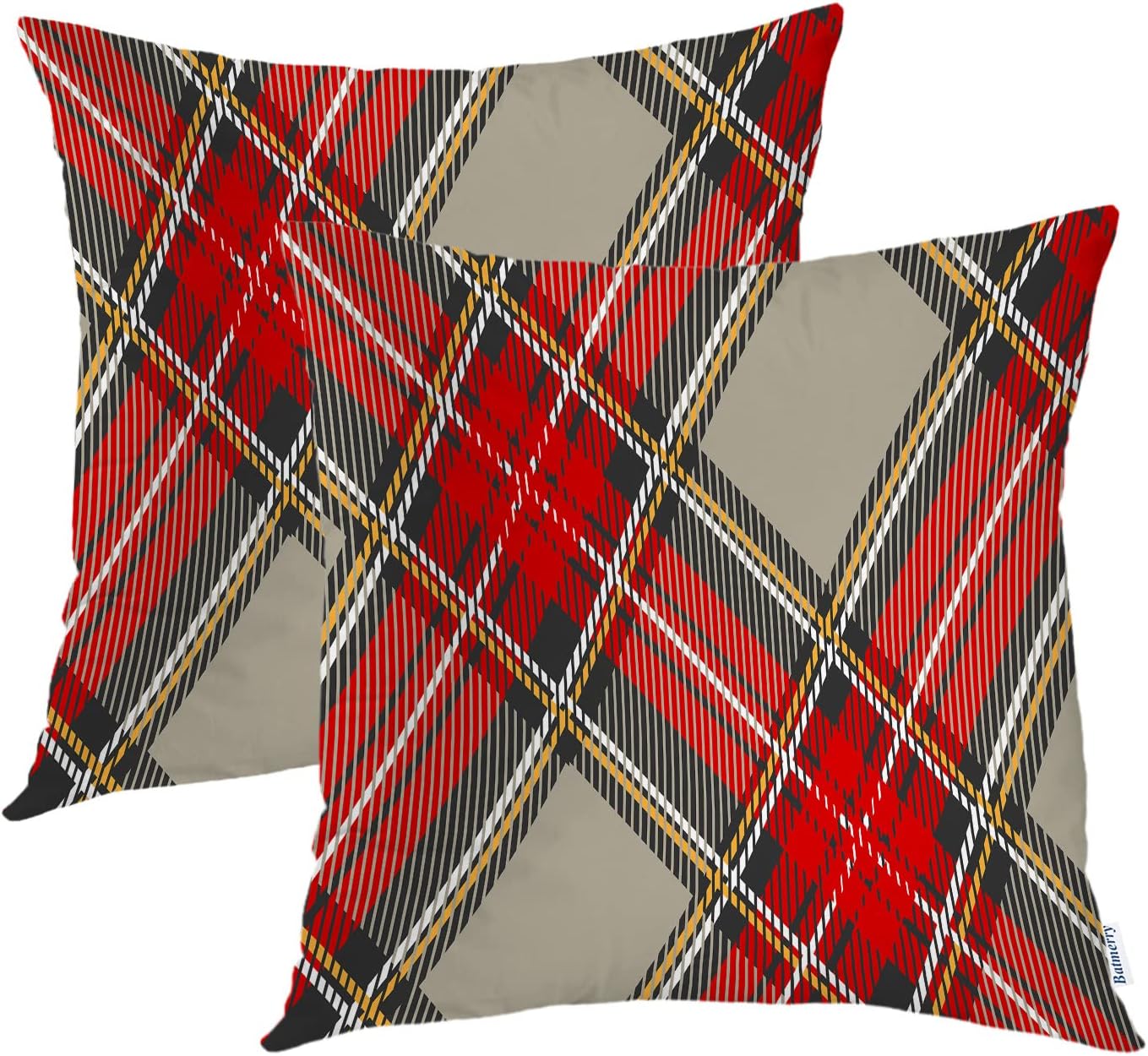 Batmerry Scottish Tartan Throw Pillow Covers, Green Wool Plaid Symmetric Square Fashion Decorative Pillow Covers Digital Printing Blended Fabric for Couch Sofa Bed Invisible Zipper 24X24 in(Set of 2)