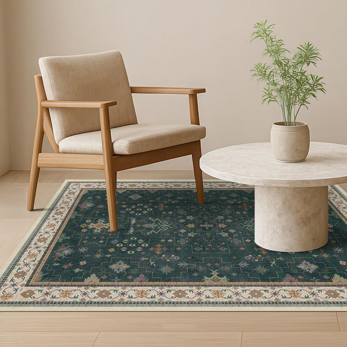 Green Area Rugs 9x12 Living Room - Washable Oriental Geometric, Extra Large for Bedroom Non Slip Soft Faux Wool Carpet for Dining Room Playroom, Lounge - Blue and Green Floral Rug