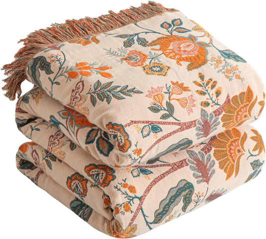 Boho Throw Blanket for Bed 60”x80”, 100% Cotton Woven Blanket for Couch Sofa, Ultra Soft 4-Layer Muslin Quilt with Floral Printed, Farmhouse Bed Blanket/Cover for Living Room Decor