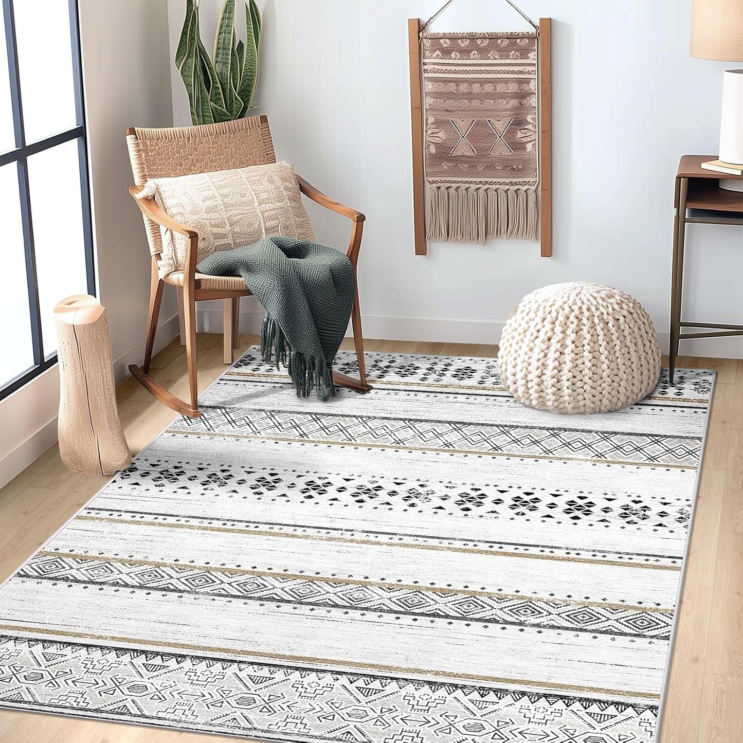 BESTSWEETIE 8x10 Area Rugs for Living Room Washable Moroccan Farmhouse Neutral Geometric Low Pile Non-Slip Soft Print Pattern Rug for Bedroom Kitchen Dining Room Entryway Black/Brown