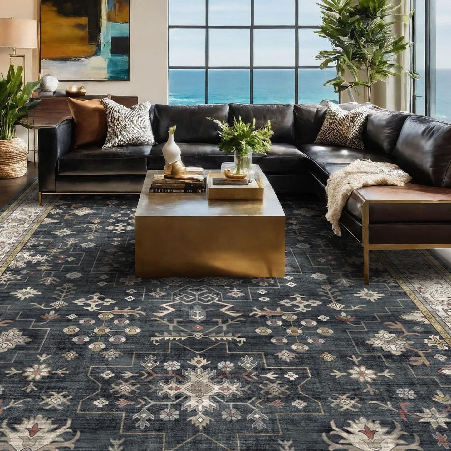 Green Area Rugs 9x12 Living Room - Washable Oriental Geometric, Extra Large for Bedroom Non Slip Soft Faux Wool Carpet for Dining Room Playroom, Lounge - Blue and Green Floral Rug