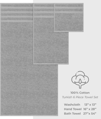 American Soft Linen Luxury 6 Piece Towel Set, 2 Bath Towels 2 Hand Towel 2 Washcloths, 600 GSM 100% Cotton Turkish Towels for Bathroom, Light Grey Towel Sets