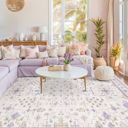 Green Area Rugs 9x12 Living Room - Washable Oriental Geometric, Extra Large for Bedroom Non Slip Soft Faux Wool Carpet for Dining Room Playroom, Lounge - Blue and Green Floral Rug