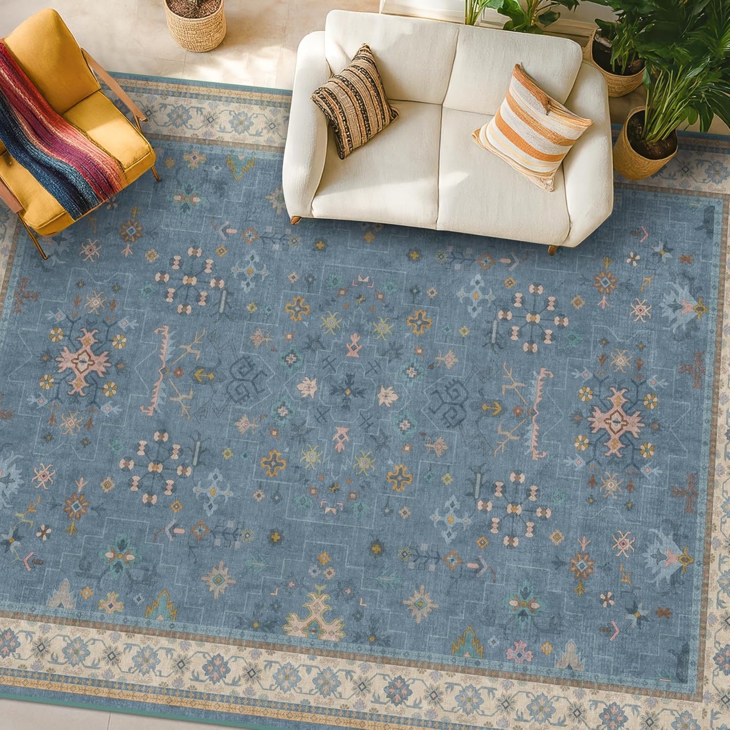 Green Area Rugs 9x12 Living Room - Washable Oriental Geometric, Extra Large for Bedroom Non Slip Soft Faux Wool Carpet for Dining Room Playroom, Lounge - Blue and Green Floral Rug