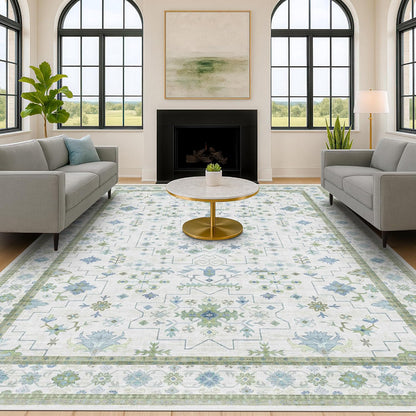 Green Area Rugs 9x12 Living Room - Washable Oriental Geometric, Extra Large for Bedroom Non Slip Soft Faux Wool Carpet for Dining Room Playroom, Lounge - Blue and Green Floral Rug