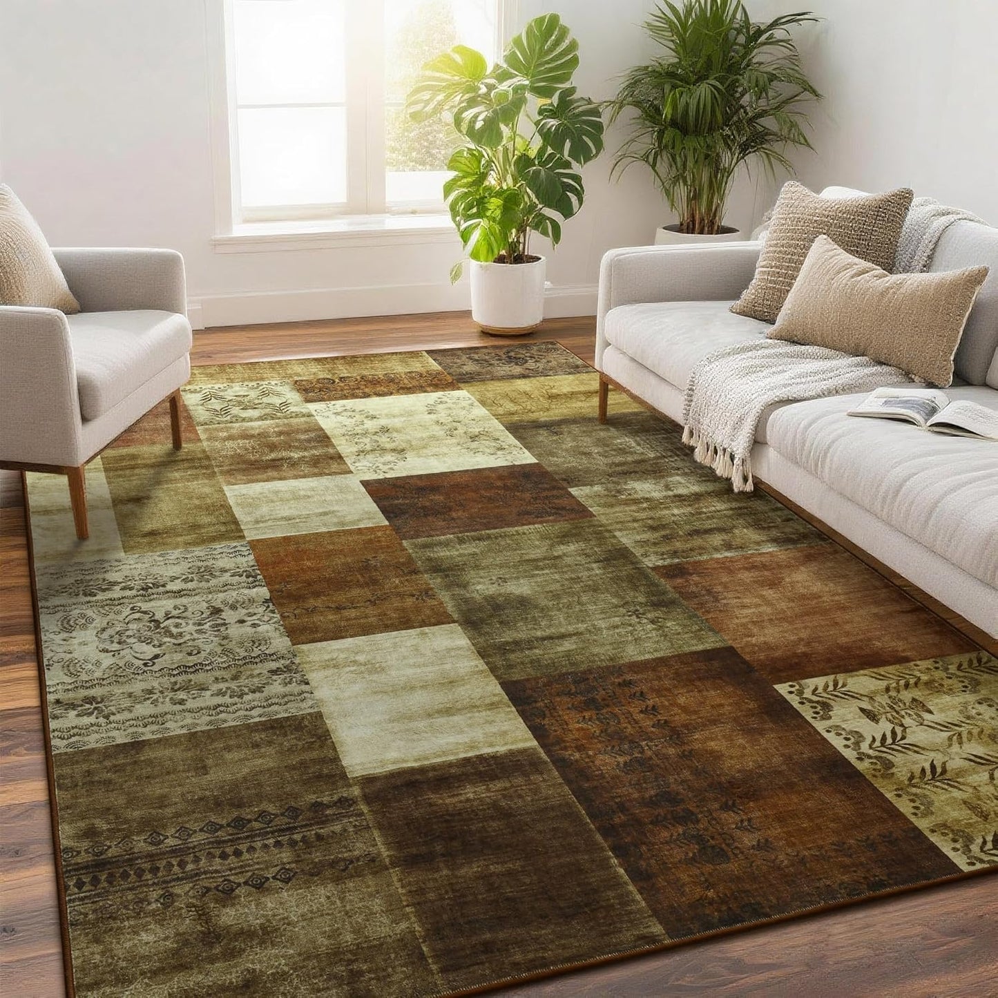 Tepook Modern Area Rug for Living Room, 5x7 Geometric Large Rugs for Bedroom, Washable Patchwork Rug Indoor Non-Slip Throw Carpets for Dining Room Office Farmhouse Home Decor, Brown