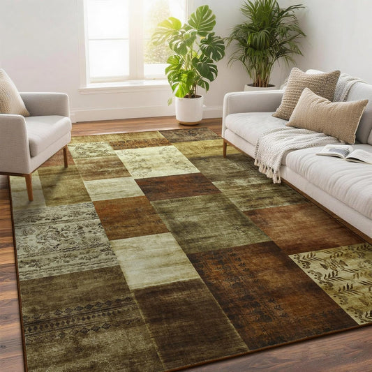 Tepook Modern Area Rug for Living Room, 5x7 Geometric Large Rugs for Bedroom, Washable Patchwork Rug Indoor Non-Slip Throw Carpets for Dining Room Office Farmhouse Home Decor, Brown