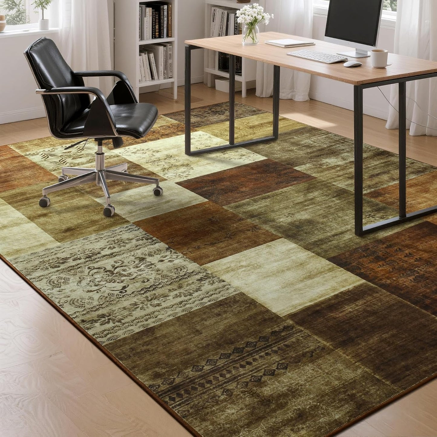 Tepook Modern Area Rug for Living Room, 5x7 Geometric Large Rugs for Bedroom, Washable Patchwork Rug Indoor Non-Slip Throw Carpets for Dining Room Office Farmhouse Home Decor, Brown
