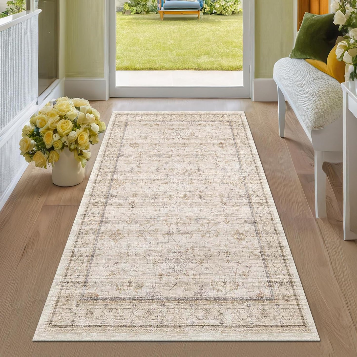 Green Area Rugs 9x12 Living Room - Washable Oriental Geometric, Extra Large for Bedroom Non Slip Soft Faux Wool Carpet for Dining Room Playroom, Lounge - Blue and Green Floral Rug