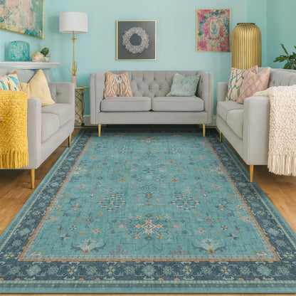 Green Area Rugs 9x12 Living Room - Washable Oriental Geometric, Extra Large for Bedroom Non Slip Soft Faux Wool Carpet for Dining Room Playroom, Lounge - Blue and Green Floral Rug