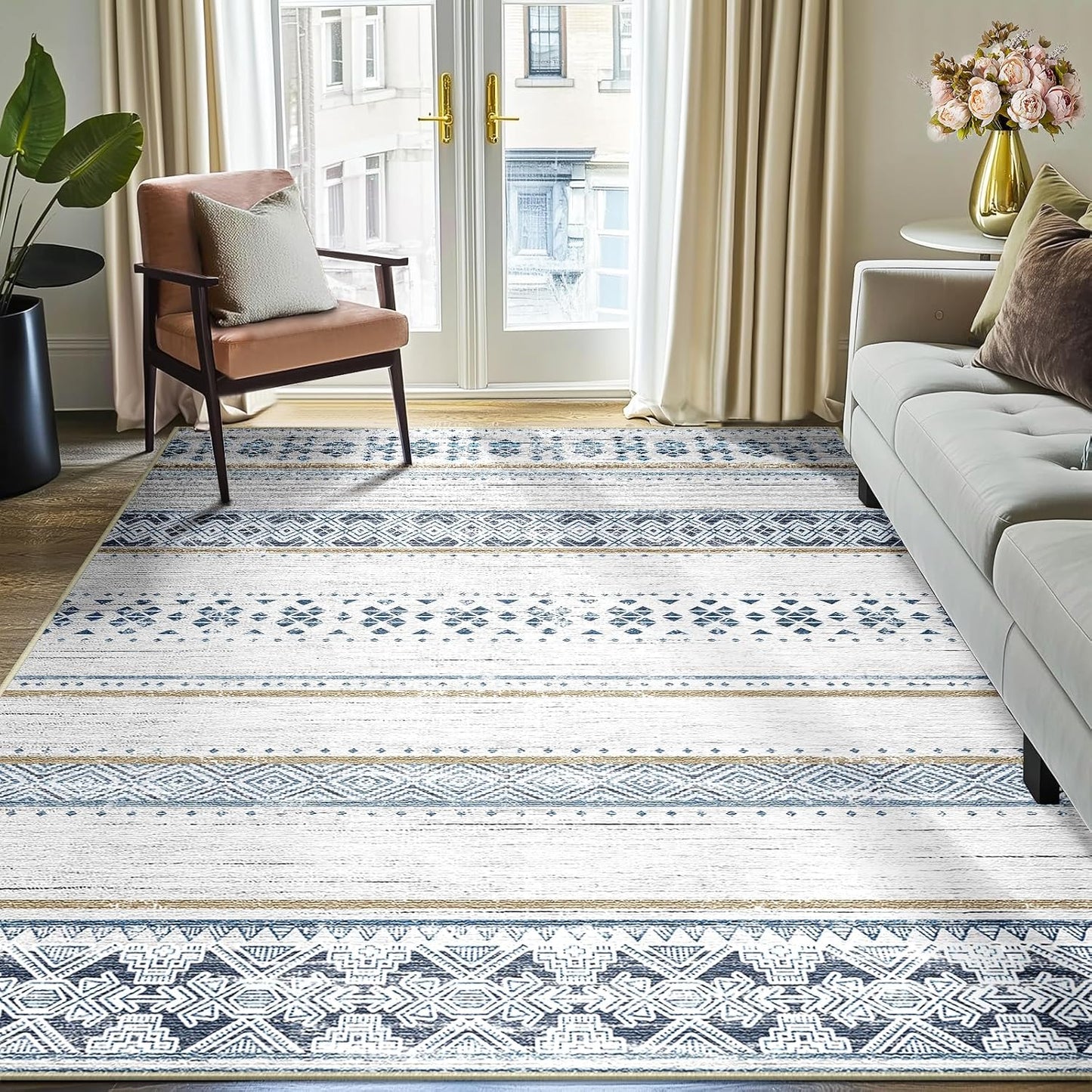 BESTSWEETIE 8x10 Area Rugs for Living Room Washable Moroccan Farmhouse Neutral Geometric Low Pile Non-Slip Soft Print Pattern Rug for Bedroom Kitchen Dining Room Entryway Black/Brown