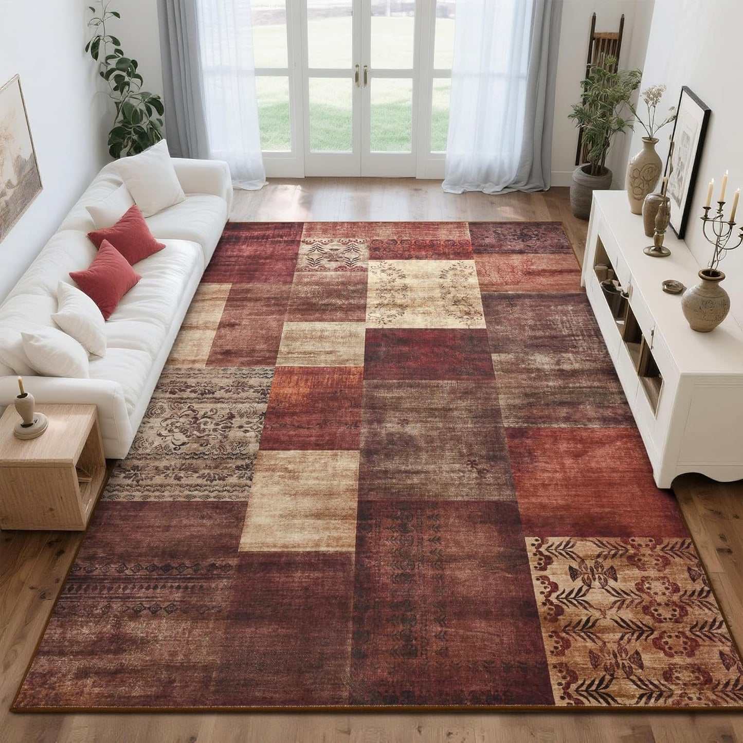 Tepook Modern Area Rug for Living Room, 5x7 Geometric Large Rugs for Bedroom, Washable Patchwork Rug Indoor Non-Slip Throw Carpets for Dining Room Office Farmhouse Home Decor, Brown