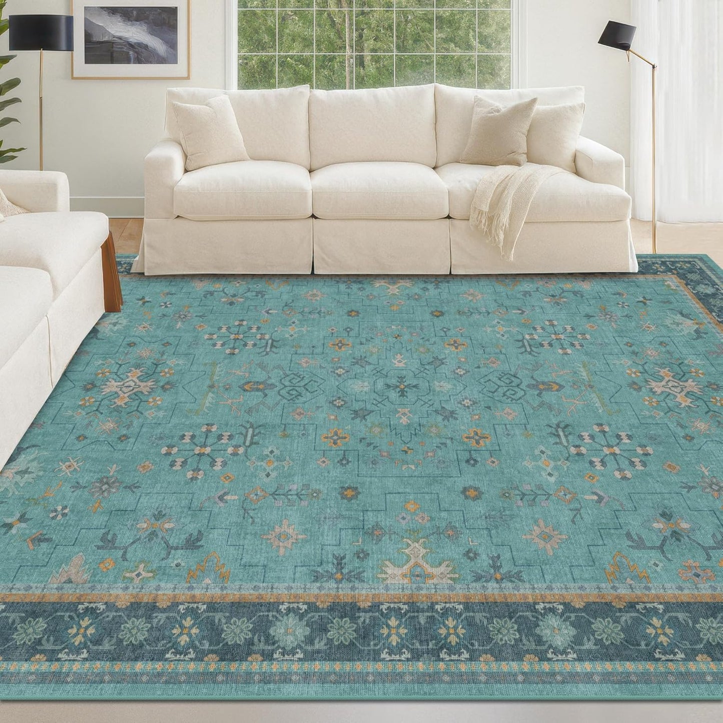 Green Area Rugs 9x12 Living Room - Washable Oriental Geometric, Extra Large for Bedroom Non Slip Soft Faux Wool Carpet for Dining Room Playroom, Lounge - Blue and Green Floral Rug