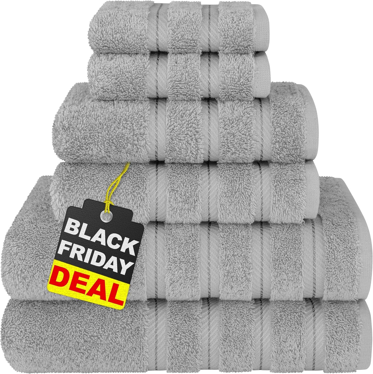 American Soft Linen Luxury 6 Piece Towel Set, 2 Bath Towels 2 Hand Towel 2 Washcloths, 600 GSM 100% Cotton Turkish Towels for Bathroom, Light Grey Towel Sets