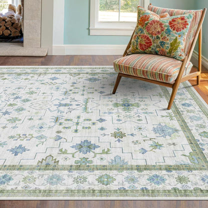 Green Area Rugs 9x12 Living Room - Washable Oriental Geometric, Extra Large for Bedroom Non Slip Soft Faux Wool Carpet for Dining Room Playroom, Lounge - Blue and Green Floral Rug