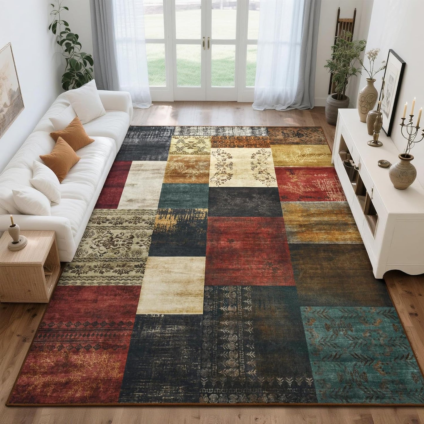 Tepook Modern Area Rug for Living Room, 5x7 Geometric Large Rugs for Bedroom, Washable Patchwork Rug Indoor Non-Slip Throw Carpets for Dining Room Office Farmhouse Home Decor, Brown