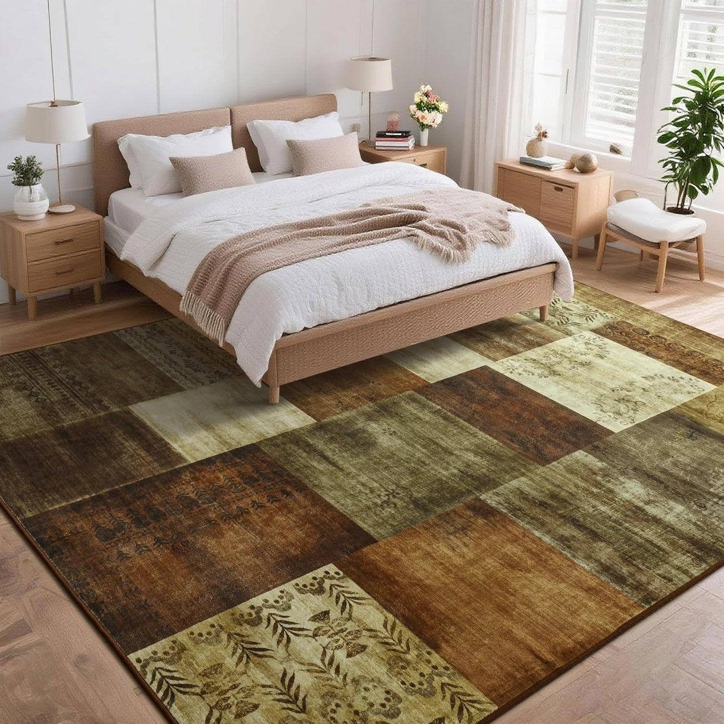 Tepook Modern Area Rug for Living Room, 5x7 Geometric Large Rugs for Bedroom, Washable Patchwork Rug Indoor Non-Slip Throw Carpets for Dining Room Office Farmhouse Home Decor, Brown