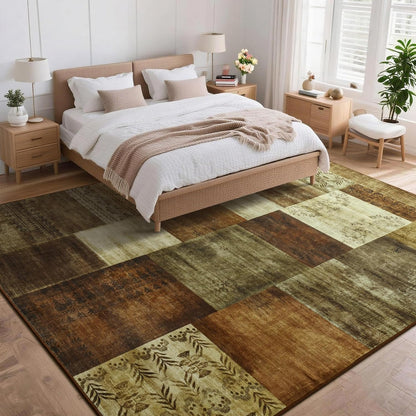 Tepook Modern Area Rug for Living Room, 5x7 Geometric Large Rugs for Bedroom, Washable Patchwork Rug Indoor Non-Slip Throw Carpets for Dining Room Office Farmhouse Home Decor, Brown