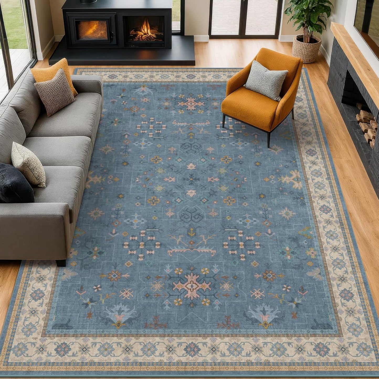 Green Area Rugs 9x12 Living Room - Washable Oriental Geometric, Extra Large for Bedroom Non Slip Soft Faux Wool Carpet for Dining Room Playroom, Lounge - Blue and Green Floral Rug