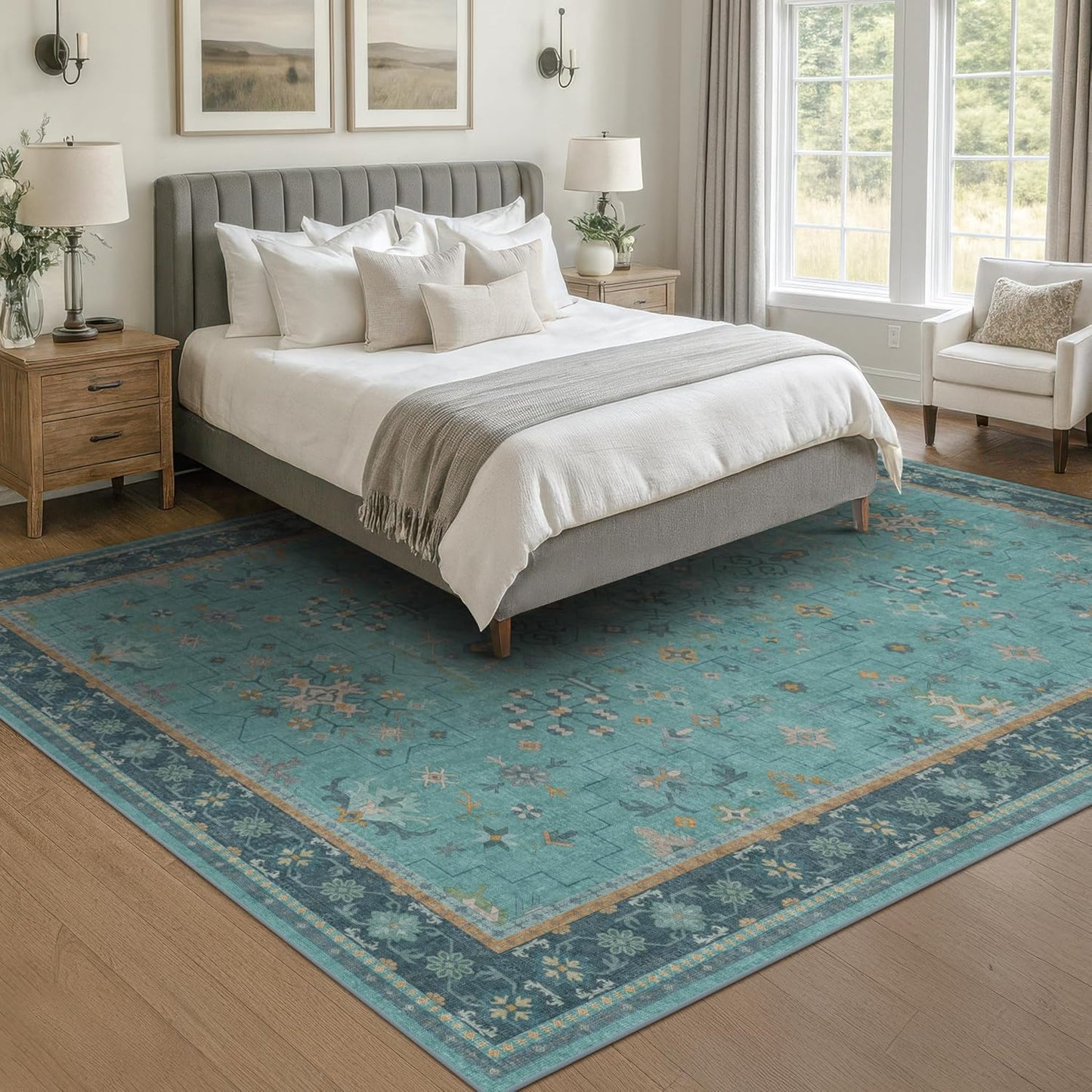 Green Area Rugs 9x12 Living Room - Washable Oriental Geometric, Extra Large for Bedroom Non Slip Soft Faux Wool Carpet for Dining Room Playroom, Lounge - Blue and Green Floral Rug