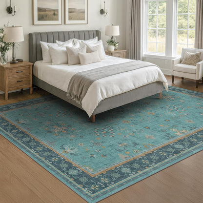 Green Area Rugs 9x12 Living Room - Washable Oriental Geometric, Extra Large for Bedroom Non Slip Soft Faux Wool Carpet for Dining Room Playroom, Lounge - Blue and Green Floral Rug