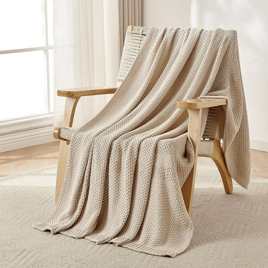 Joydeco Chunky Cable Knit Throw Blanket, Lightweight 100% Organic Cotton Soft Cozy Throw Twin Blanket for Couch Bed and Sofa, Rustic Breathable Farmhouse Blanket Gift for Women Men(Beige, 60"x80")