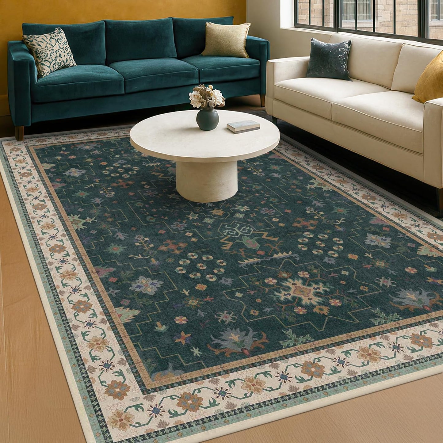 Green Area Rugs 9x12 Living Room - Washable Oriental Geometric, Extra Large for Bedroom Non Slip Soft Faux Wool Carpet for Dining Room Playroom, Lounge - Blue and Green Floral Rug