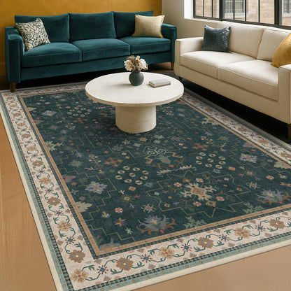 Green Area Rugs 9x12 Living Room - Washable Oriental Geometric, Extra Large for Bedroom Non Slip Soft Faux Wool Carpet for Dining Room Playroom, Lounge - Blue and Green Floral Rug
