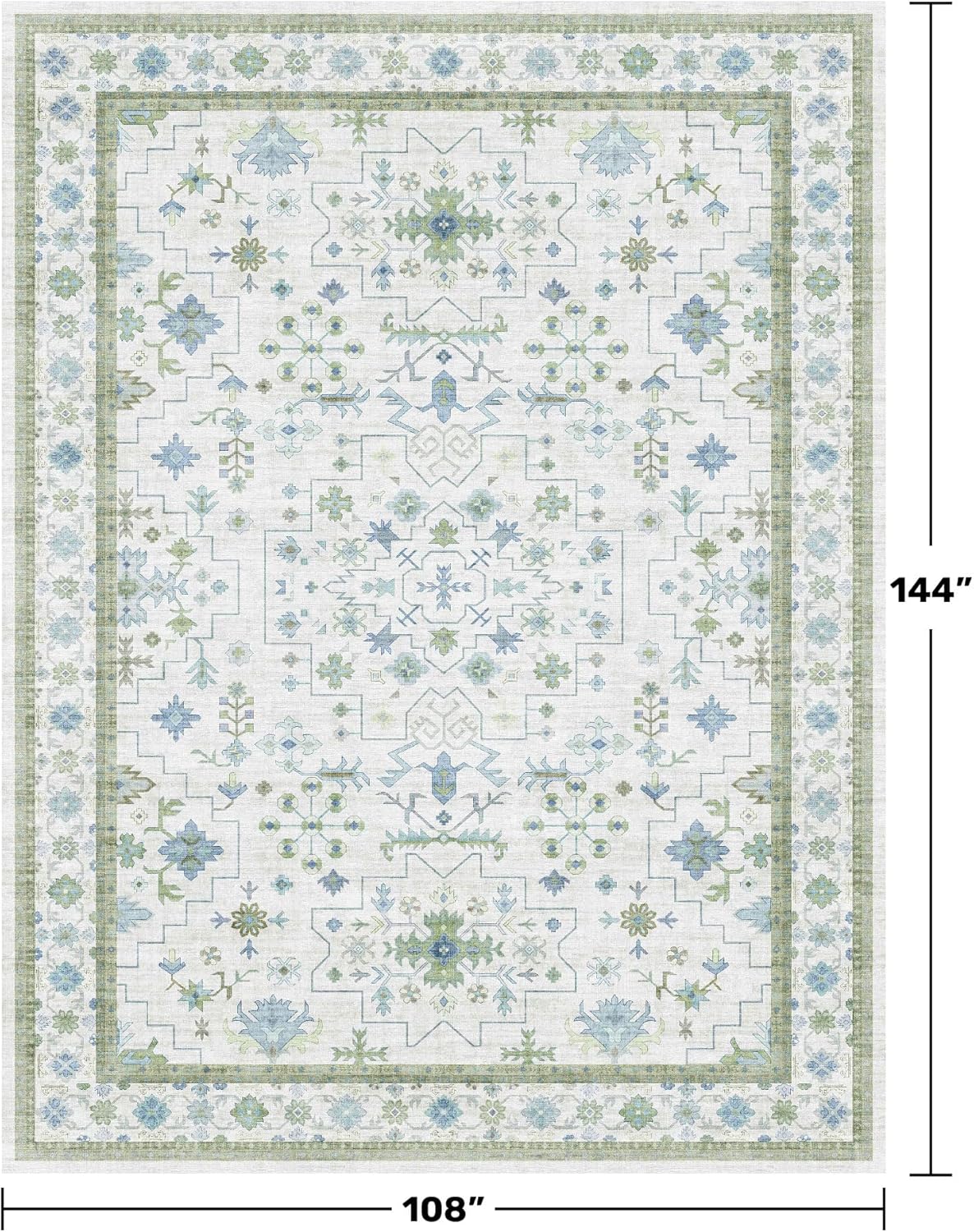 Green Area Rugs 9x12 Living Room - Washable Oriental Geometric, Extra Large for Bedroom Non Slip Soft Faux Wool Carpet for Dining Room Playroom, Lounge - Blue and Green Floral Rug