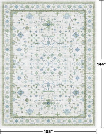 Green Area Rugs 9x12 Living Room - Washable Oriental Geometric, Extra Large for Bedroom Non Slip Soft Faux Wool Carpet for Dining Room Playroom, Lounge - Blue and Green Floral Rug