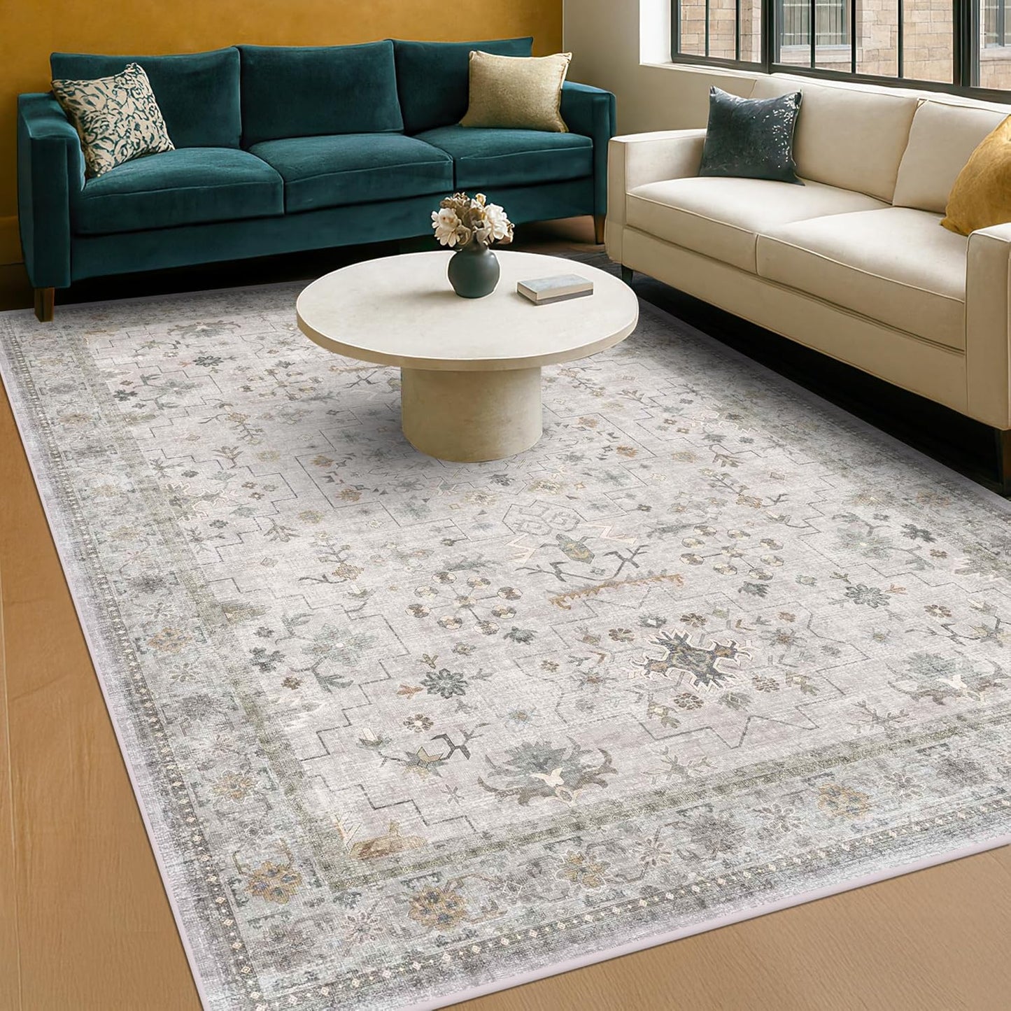 Green Area Rugs 9x12 Living Room - Washable Oriental Geometric, Extra Large for Bedroom Non Slip Soft Faux Wool Carpet for Dining Room Playroom, Lounge - Blue and Green Floral Rug