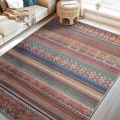BESTSWEETIE 8x10 Area Rugs for Living Room Washable Moroccan Farmhouse Neutral Geometric Low Pile Non-Slip Soft Print Pattern Rug for Bedroom Kitchen Dining Room Entryway Black/Brown