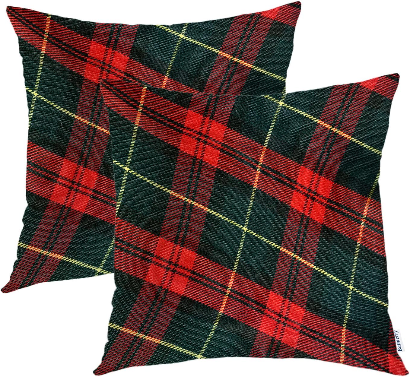 Batmerry Scottish Tartan Throw Pillow Covers, Green Wool Plaid Symmetric Square Fashion Decorative Pillow Covers Digital Printing Blended Fabric for Couch Sofa Bed Invisible Zipper 24X24 in(Set of 2)