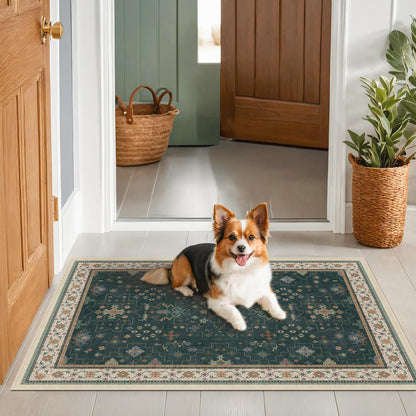 Green Area Rugs 9x12 Living Room - Washable Oriental Geometric, Extra Large for Bedroom Non Slip Soft Faux Wool Carpet for Dining Room Playroom, Lounge - Blue and Green Floral Rug