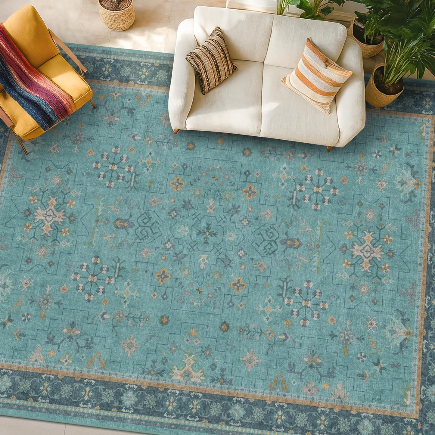 Green Area Rugs 9x12 Living Room - Washable Oriental Geometric, Extra Large for Bedroom Non Slip Soft Faux Wool Carpet for Dining Room Playroom, Lounge - Blue and Green Floral Rug