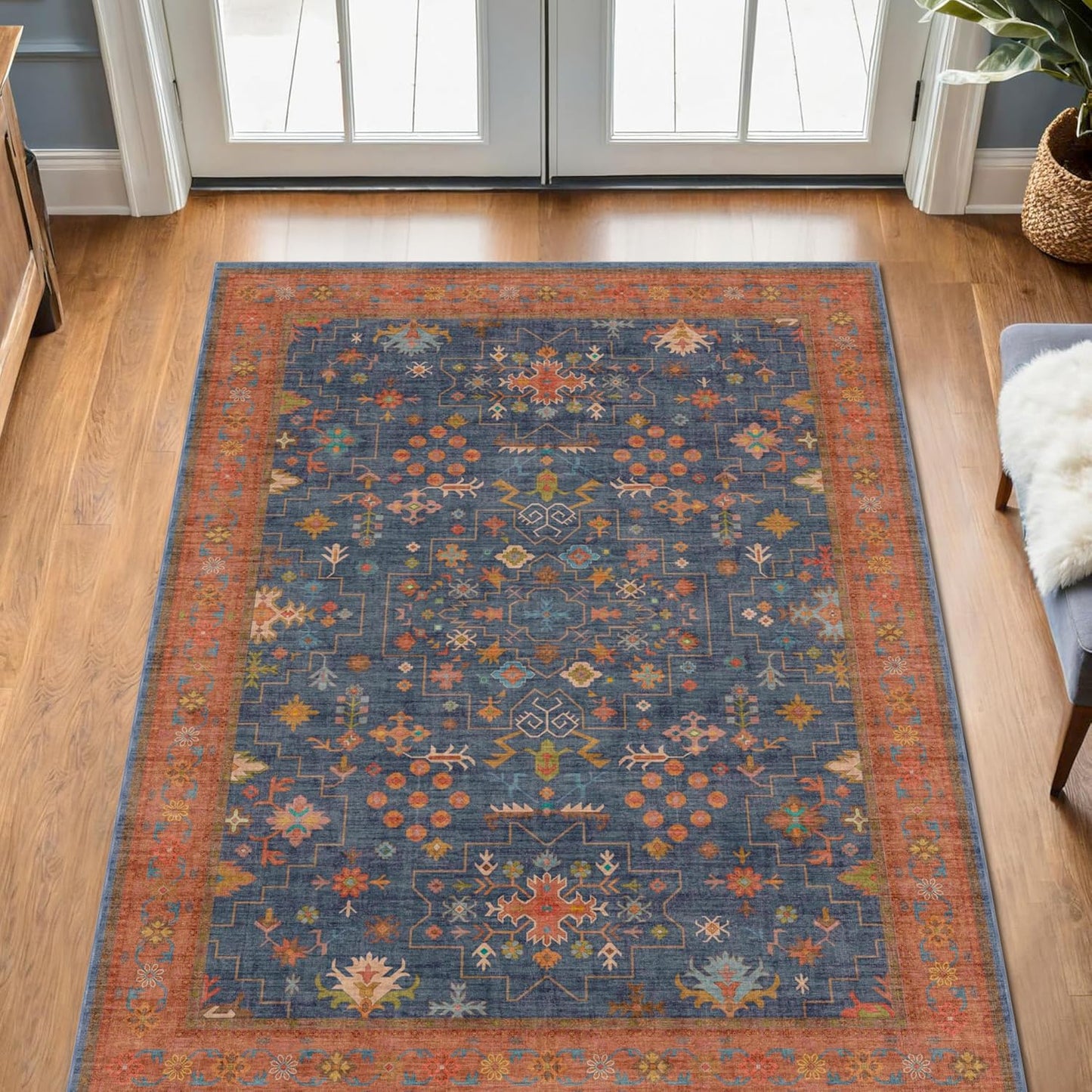 Green Area Rugs 9x12 Living Room - Washable Oriental Geometric, Extra Large for Bedroom Non Slip Soft Faux Wool Carpet for Dining Room Playroom, Lounge - Blue and Green Floral Rug