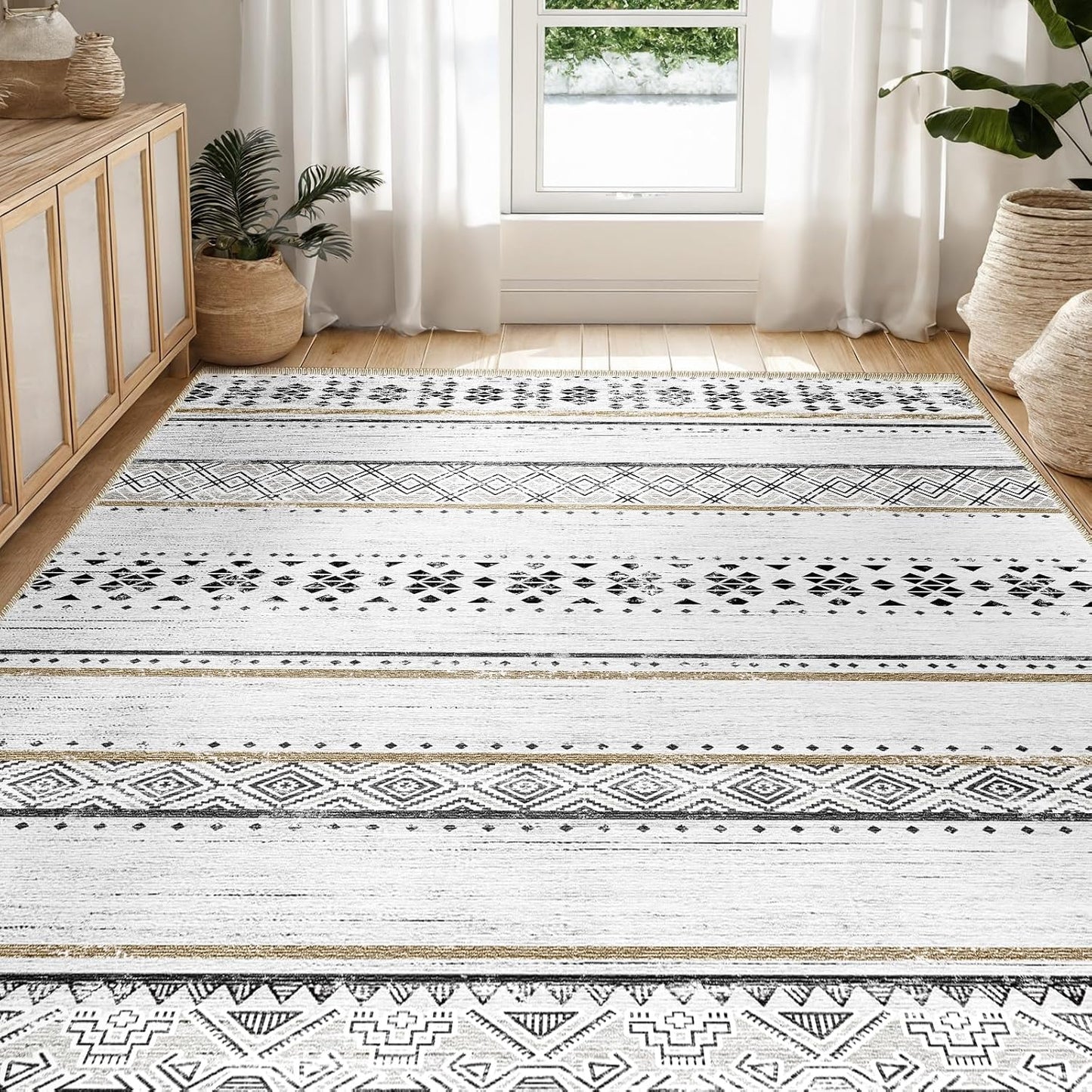 BESTSWEETIE 8x10 Area Rugs for Living Room Washable Moroccan Farmhouse Neutral Geometric Low Pile Non-Slip Soft Print Pattern Rug for Bedroom Kitchen Dining Room Entryway Black/Brown