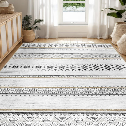 BESTSWEETIE 8x10 Area Rugs for Living Room Washable Moroccan Farmhouse Neutral Geometric Low Pile Non-Slip Soft Print Pattern Rug for Bedroom Kitchen Dining Room Entryway Black/Brown