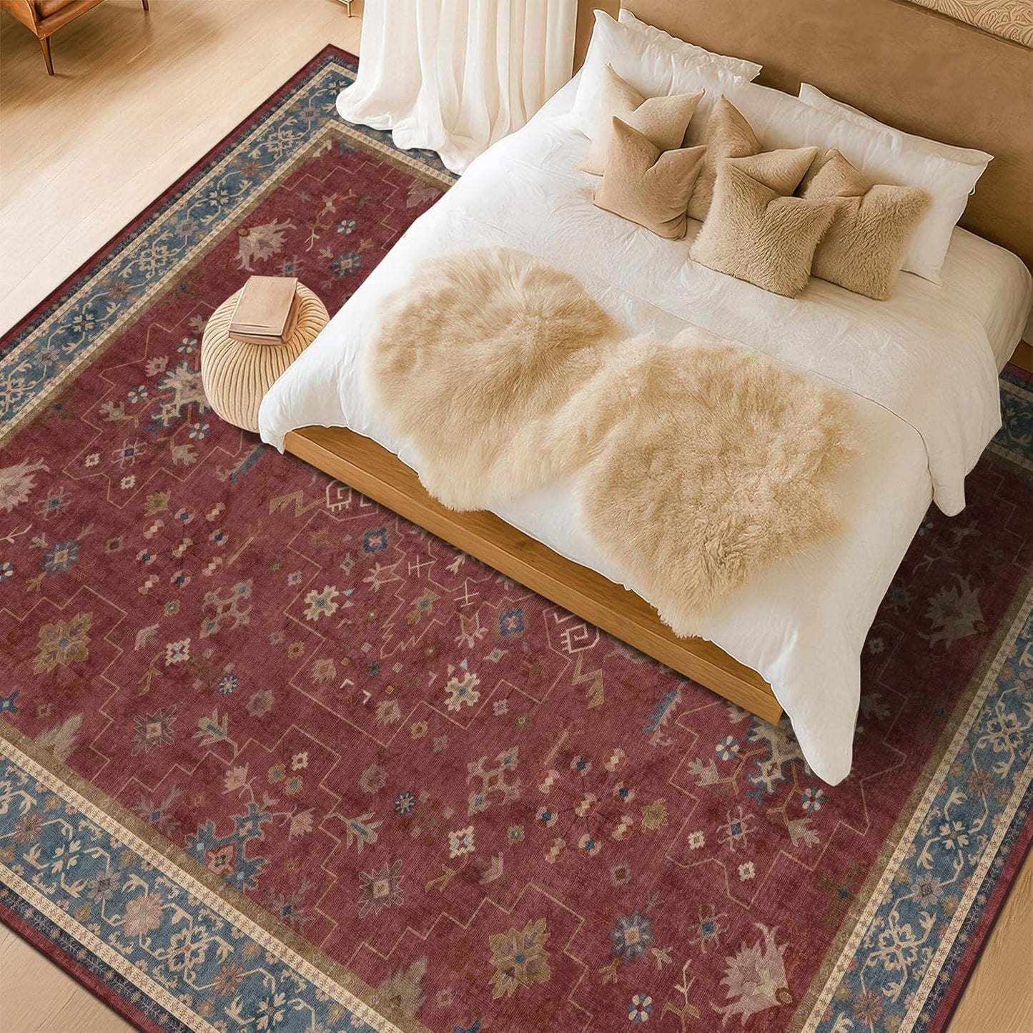 Green Area Rugs 9x12 Living Room - Washable Oriental Geometric, Extra Large for Bedroom Non Slip Soft Faux Wool Carpet for Dining Room Playroom, Lounge - Blue and Green Floral Rug