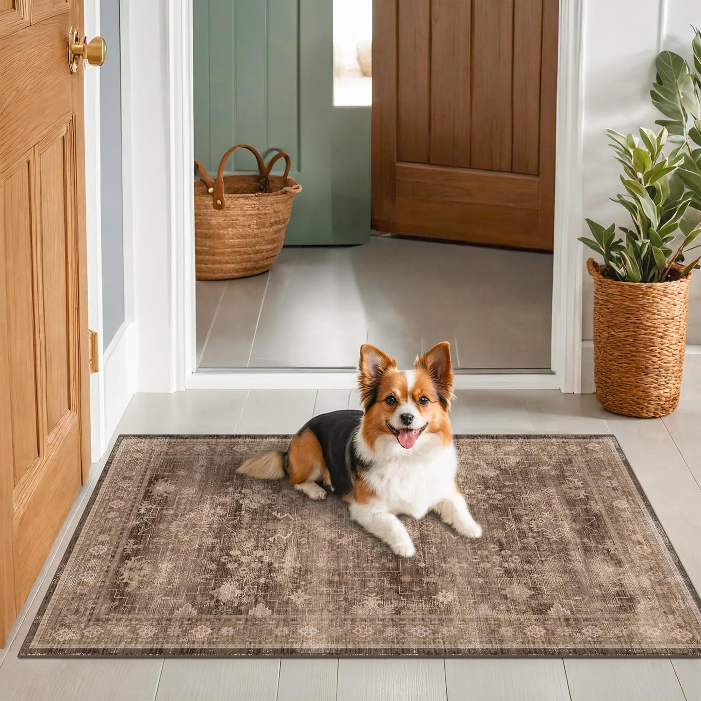 Green Area Rugs 9x12 Living Room - Washable Oriental Geometric, Extra Large for Bedroom Non Slip Soft Faux Wool Carpet for Dining Room Playroom, Lounge - Blue and Green Floral Rug